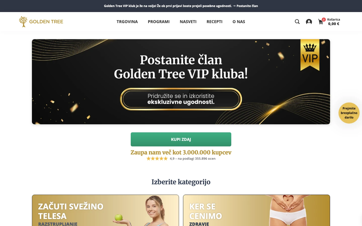 Golden Tree homepage above the fold — Postanite član VIP kluba, 4.9★ across 355,896 verified reviews, 3M+ customers
