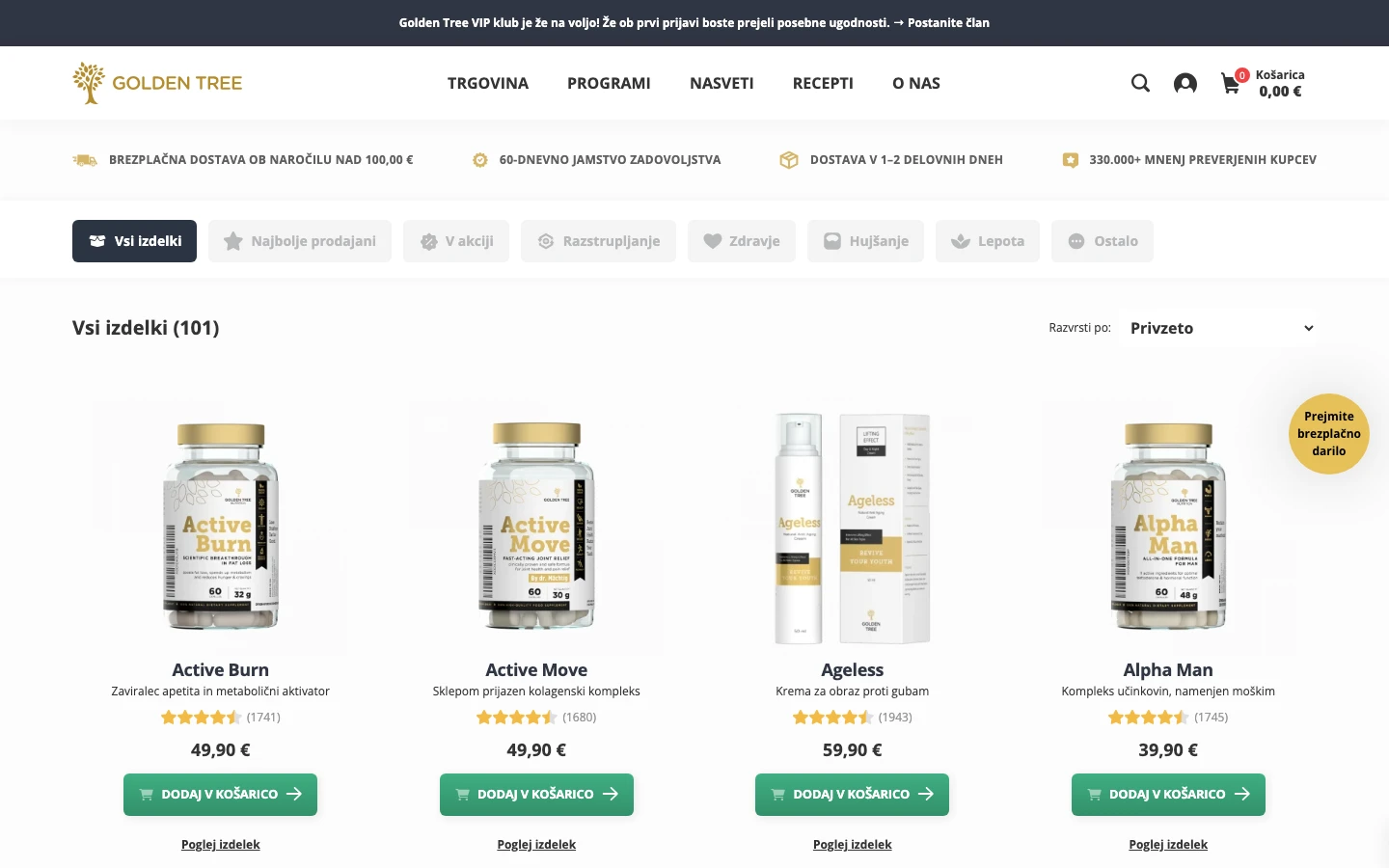 Golden Tree shop page — Active Burn 49.90 EUR, Active Move, Ageless 59.90 EUR, Alpha Man 39.90 EUR. Free shipping over 100 EUR, 60-day satisfaction guarantee, 24/7 support.