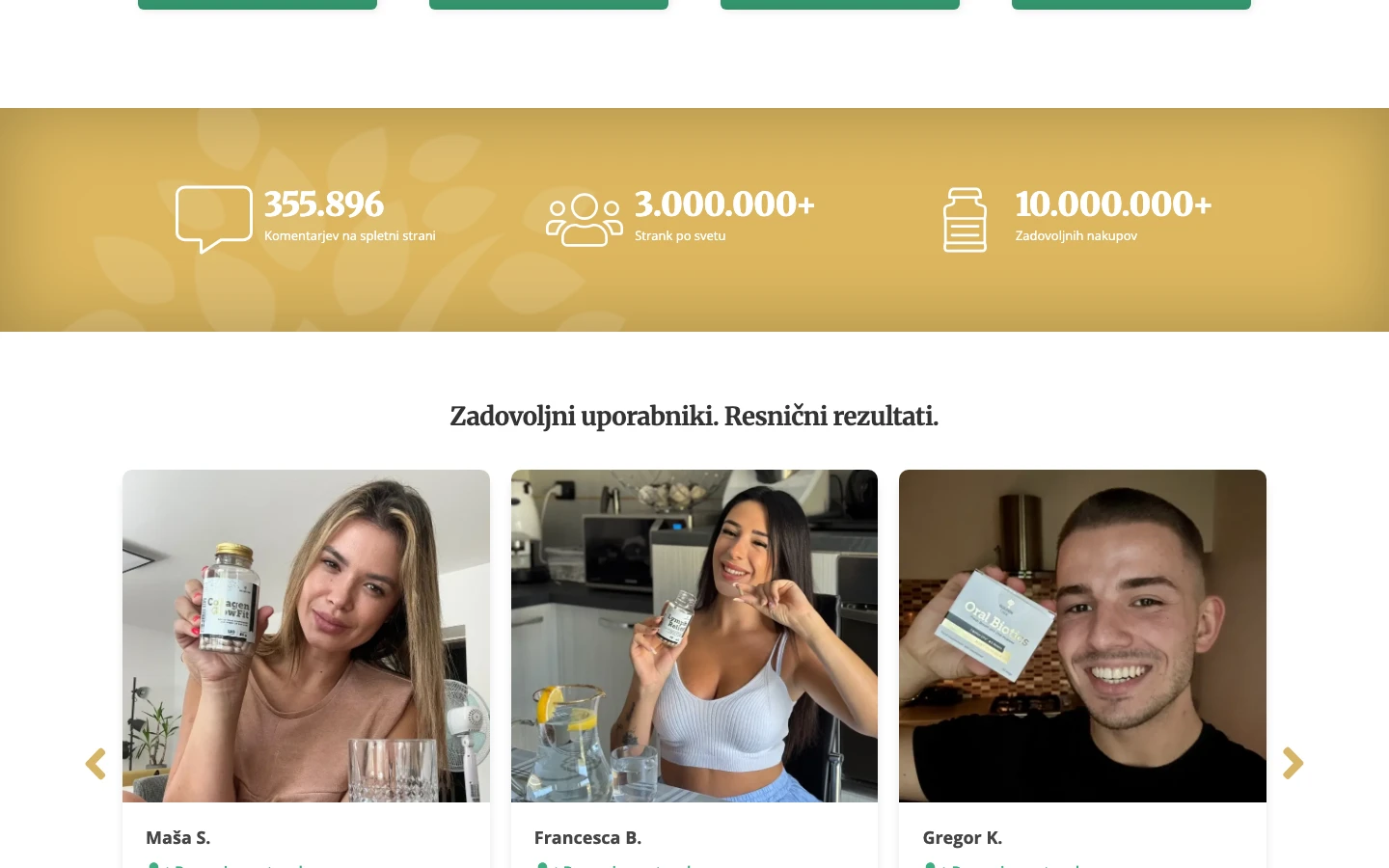 Golden Tree's verified-customers section showing 355,896 verified reviews, 3,000,000+ buyers, 10,000,000+ products sold, and three real verified customer photos with products: Maša S., Francesca B., Gregor K.