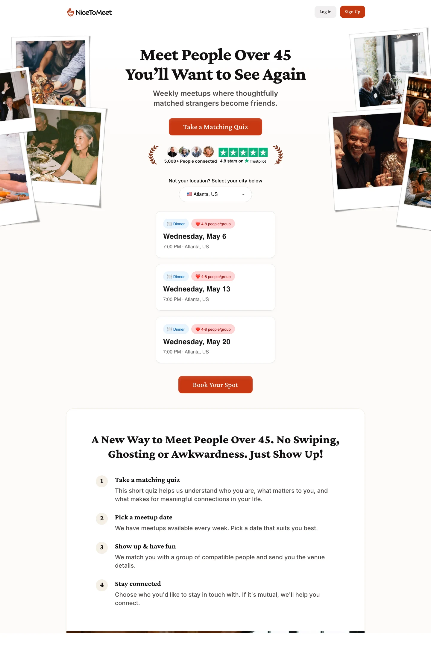 NiceToMeet homepage — Make new friends 45+ over dinner, weekly in-person small groups