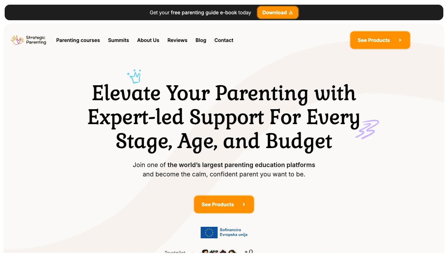 Strategic Parenting homepage above the fold — Elevate Your Parenting with Expert-led Support For Every Stage, Age, and Budget