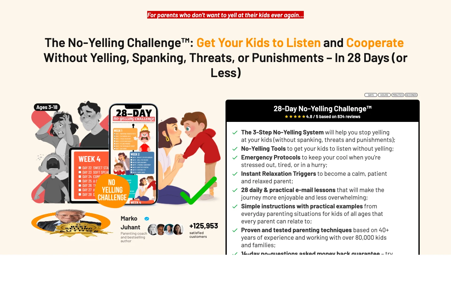 Strategic Parenting's 28-Day No-Yelling Challenge product page — the cold-traffic landing page behind their best-performing Meta ads. Marko Juhant featured, 125,953 satisfied parents, 3-step no-yelling system.